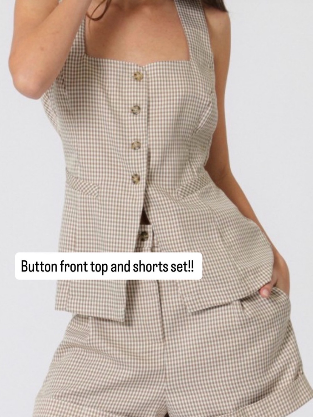 Beige Gingham Button-Front Skort Set - Women's Skirt